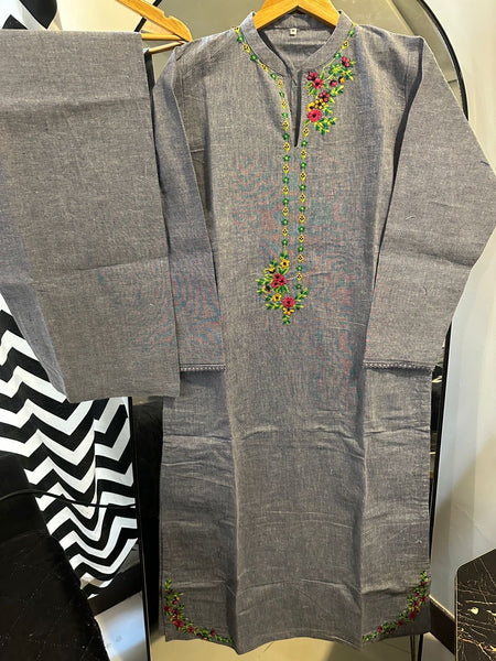 Floral Threadwork grey karandi             2-Piece Set winter