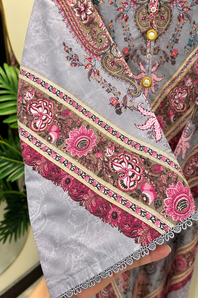Grey Floral Silk Khaddar 2-Piece Suit – 47” Long Shir