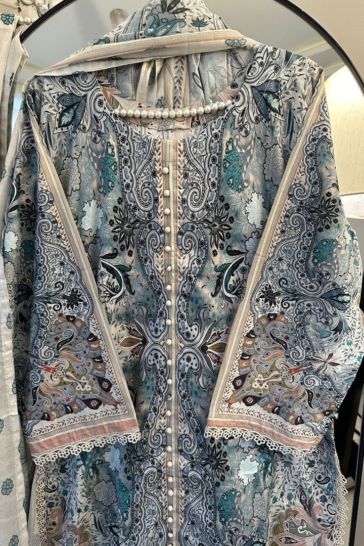 Elegant Gown Style Printed Lawn Suit with Full Front Buttons & Lace Details – 3 Piece