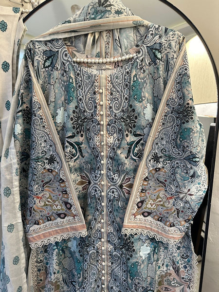 Elegant Gown Style Printed Lawn Suit with Full Front Buttons & Lace Details – 3 Piece
