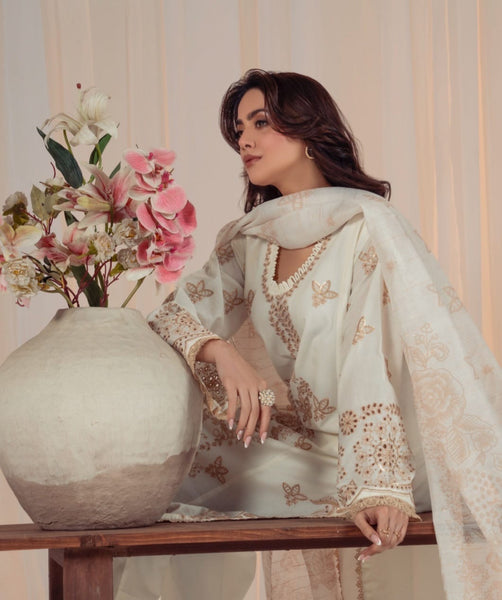 Ivory Gold Embroidered 3-Piece Lawn Suit with Printed Dupatta