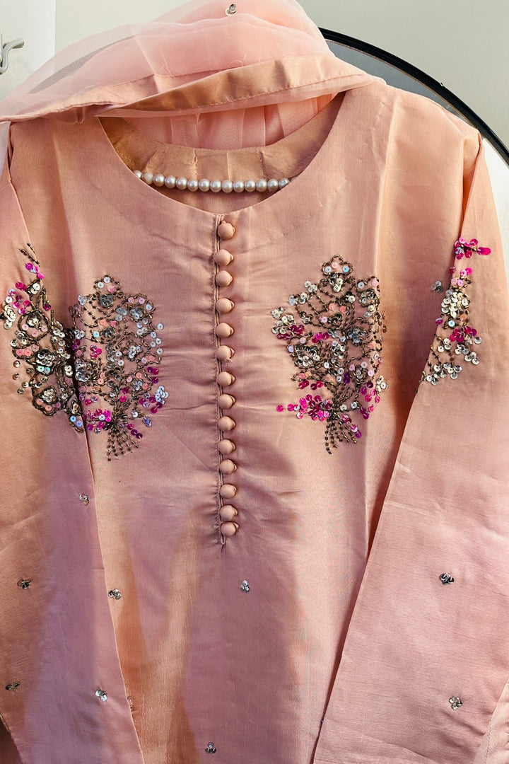 Tea Pink Blossom Embroidered 3-Piece Set (Raw Silk)