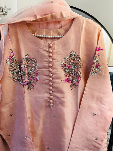 Tea Pink Blossom Embroidered 3-Piece Set (Raw Silk)