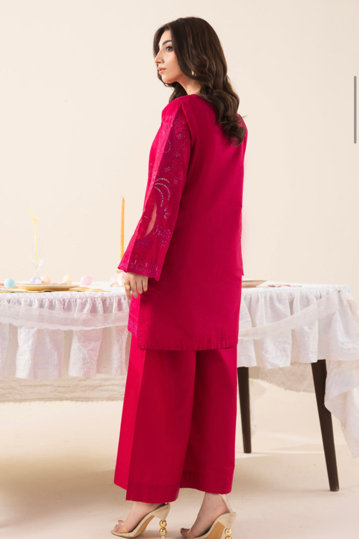 Magenta Embroidered Cotton Lawn 2 Piece Co-Ord Set with Wide Leg Trouser – Shirt Length 36