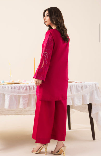 Magenta Embroidered Cotton Lawn 2 Piece Co-Ord Set with Wide Leg Trouser – Shirt Length 36