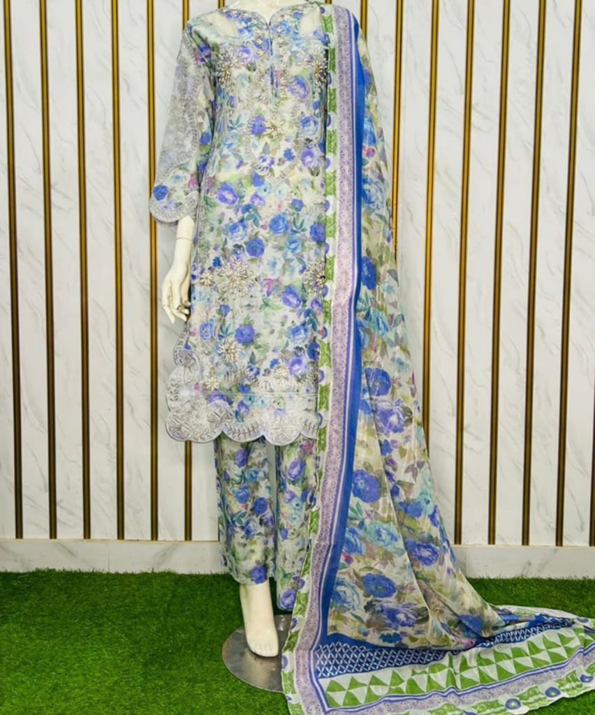 Elegant Blue Floral Lawn 3 Piece Suit with Dupatta – Summer Collection