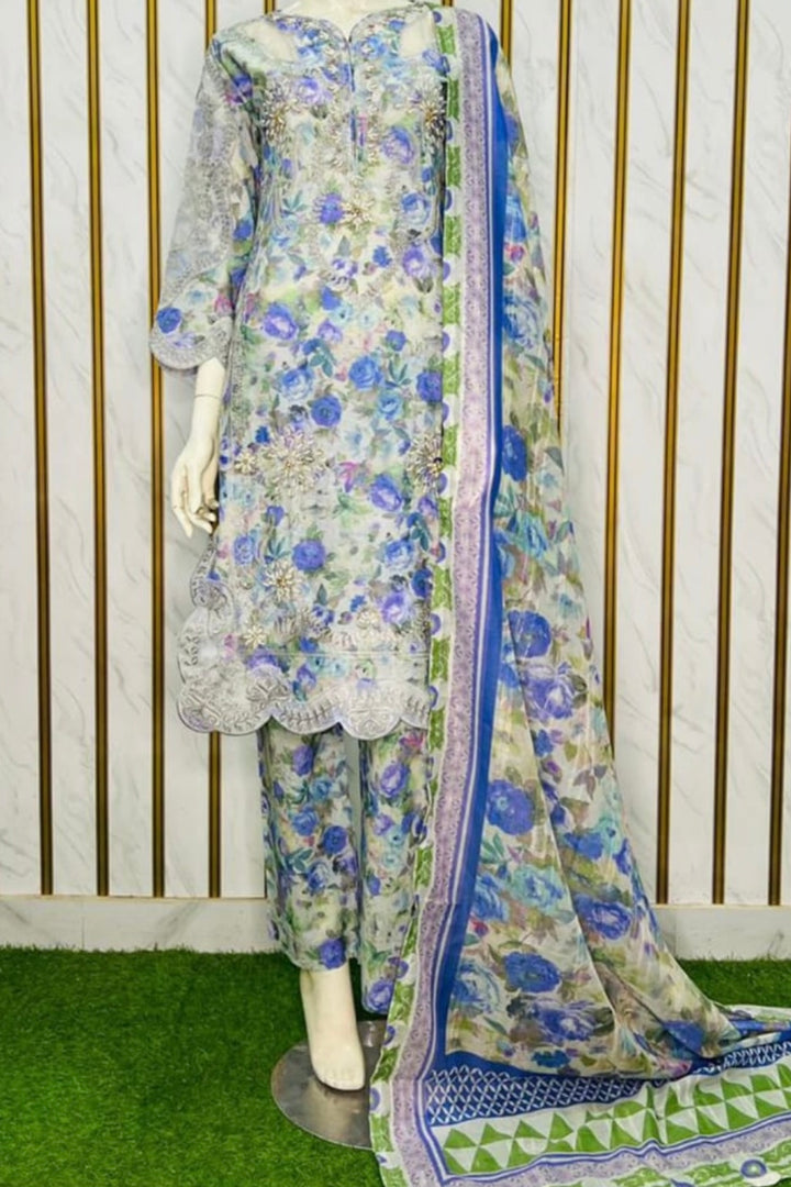Elegant Blue Floral Lawn 3 Piece Suit with Dupatta – Summer Collection