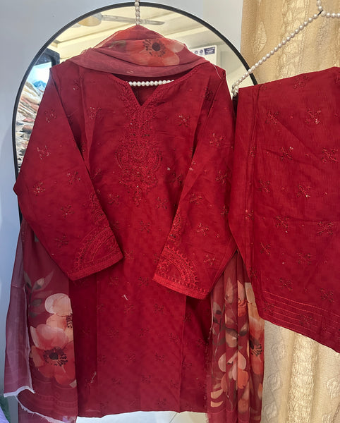 Crimson maroon Embroidered  with Farshi Shalwar & Chiffon Dupatta