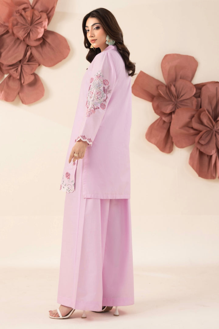 Pastel Pink Embroidered Cotton Lawn 2 Piece Co-Ord Set with Wide Leg Trouser – Shirt Length 36