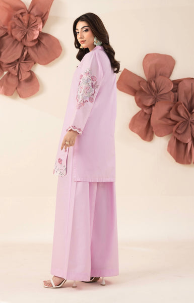 Pastel Pink Embroidered Cotton Lawn 2 Piece Co-Ord Set with Wide Leg Trouser – Shirt Length 36