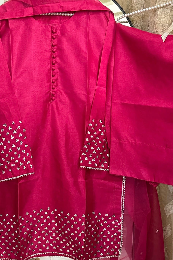 Luxury Rawsilk 3-Piece Suit with Sequin Embroidery – Fuchsia Pink | Farshi Shalwar & Organza Dupatta