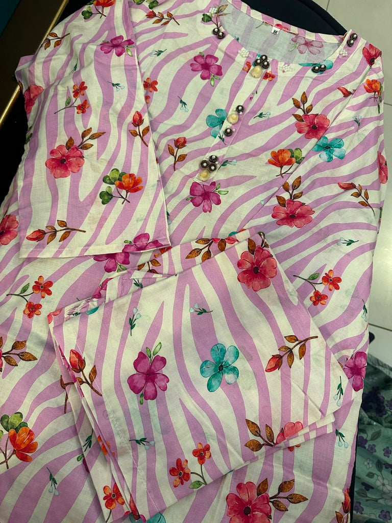 Blush Bloom Printed 2-Piece Co-Ord Set – Pink Zebra Floral Lawn Suit