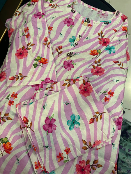 Blush Bloom Printed 2-Piece Co-Ord Set – Pink Zebra Floral Lawn Suit
