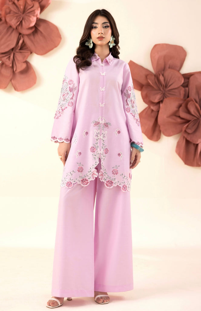 Pastel Pink Embroidered Cotton Lawn 2 Piece Co-Ord Set with Wide Leg Trouser – Shirt Length 36
