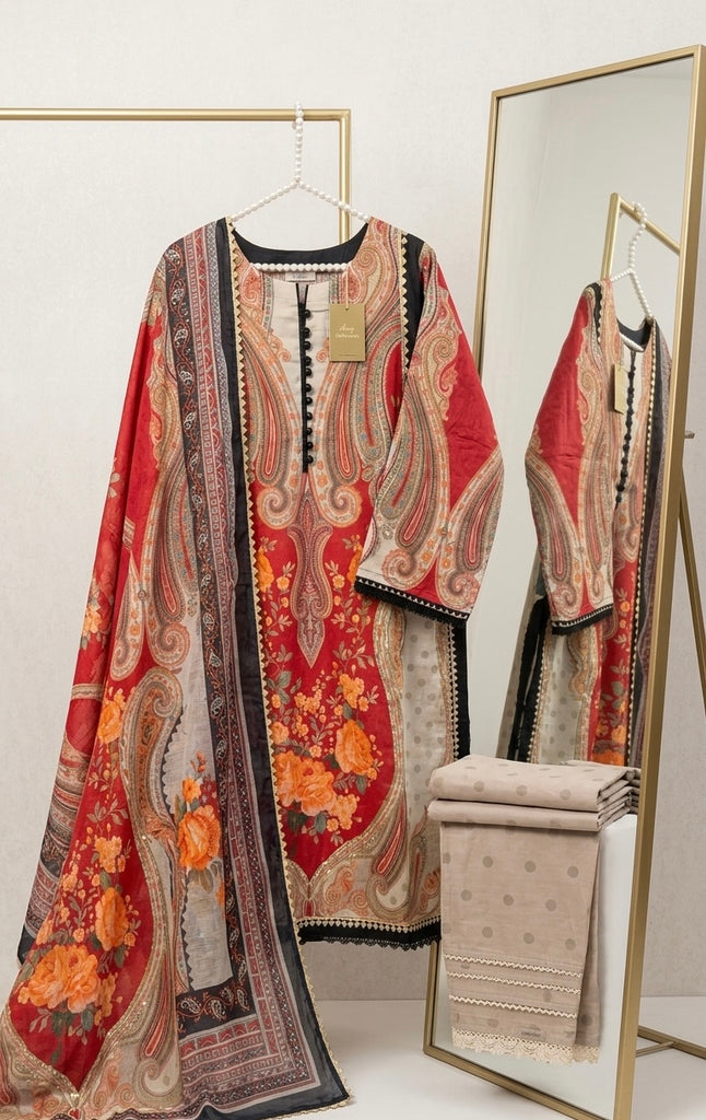 Ruby Paisley 45” Long Straight Shirt with All-Over Gota Work, Printed Dupatta & Trouser – 3 Piece Suit