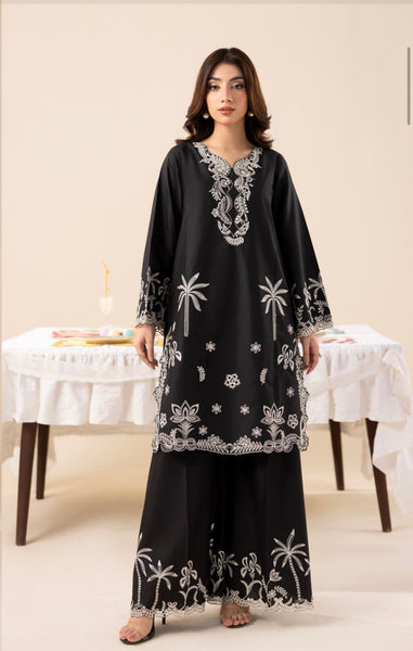 Black Embroidered Cotton Lawn 2 Piece Co-Ord Set with Wide Leg Trouser – Shirt Length 36