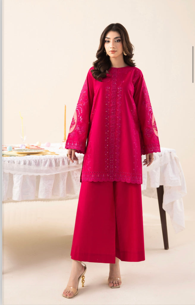 Magenta Embroidered Cotton Lawn 2 Piece Co-Ord Set with Wide Leg Trouser – Shirt Length 36