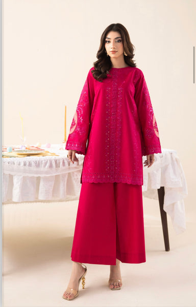 Magenta Embroidered Cotton Lawn 2 Piece Co-Ord Set with Wide Leg Trouser – Shirt Length 36