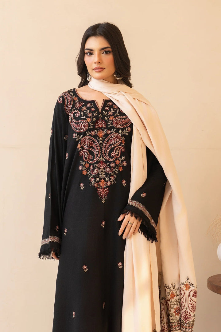 Elegant Black Kashmiri Embroidered 3-Piece Marina Suit with Shawl