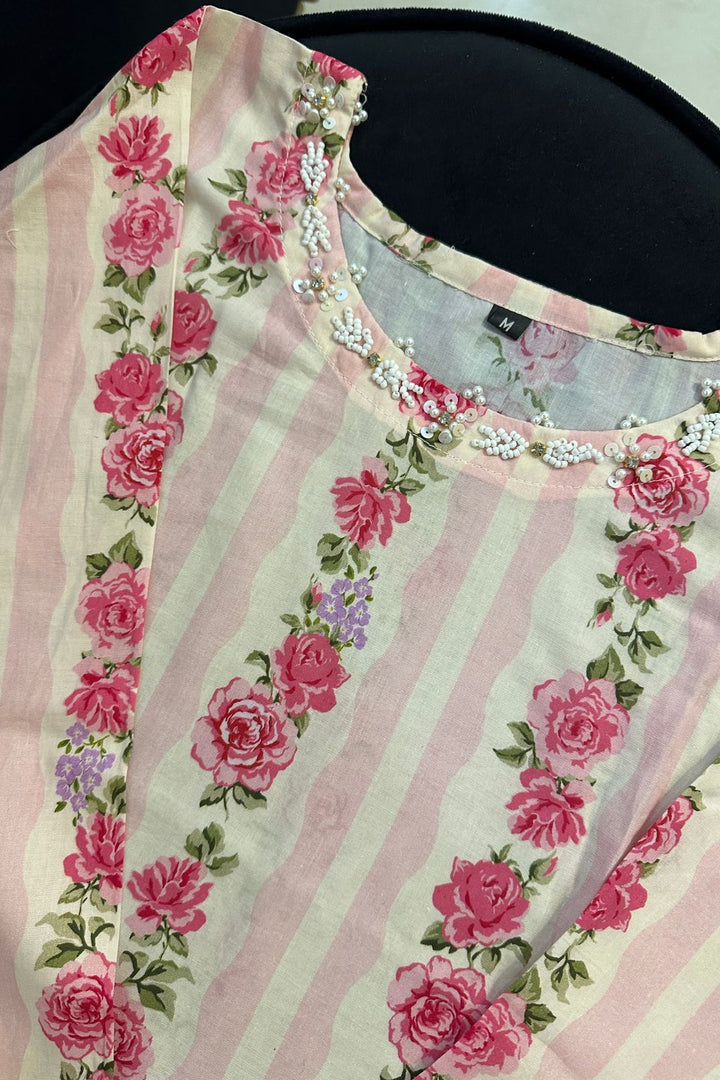 (New summer launch)                             Blush Rose Stripe Kurta with Pearl-Embellished Neckline