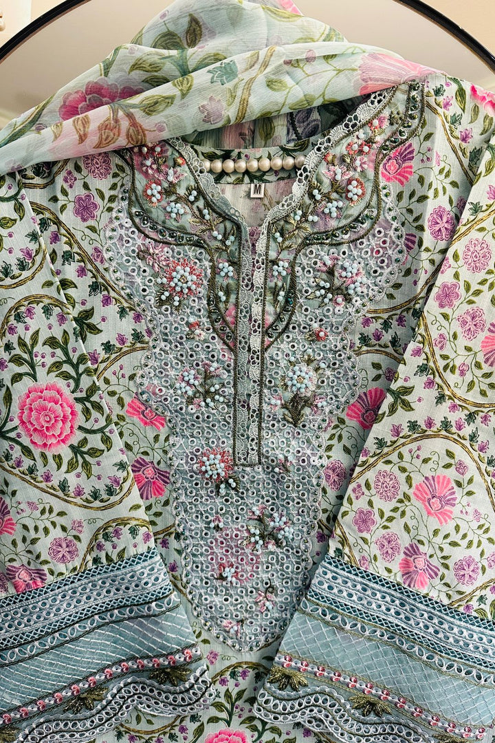 Pastel Mint Floral Embroidered 3-Piece Lawn Suit – Summer New Launch