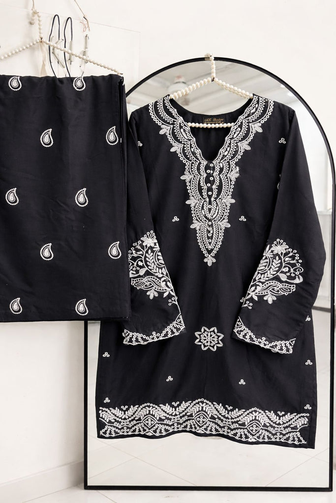 Premium Midnight Black Summer Co-Ord Set – White Embroidered Short Shirt & Plazo (2PC)
