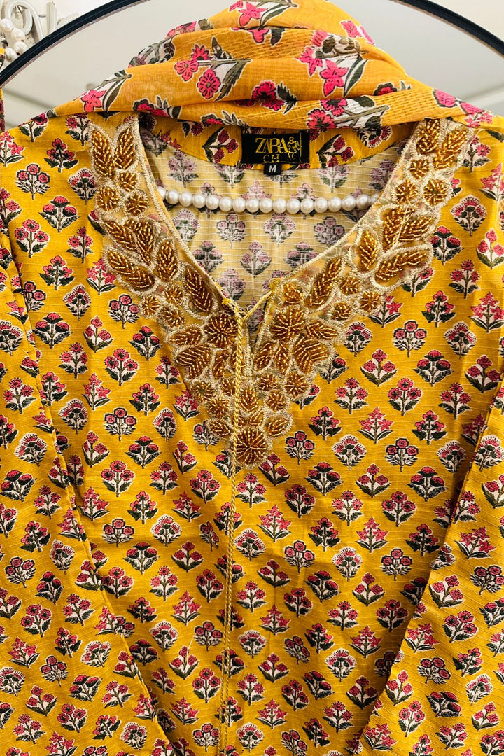 Mustard Floral 3-Piece Lawn Suit | Hand-Made Neck & Chaks Embroidery with Organza + Lace Sleeves & 2-Ring Tassels