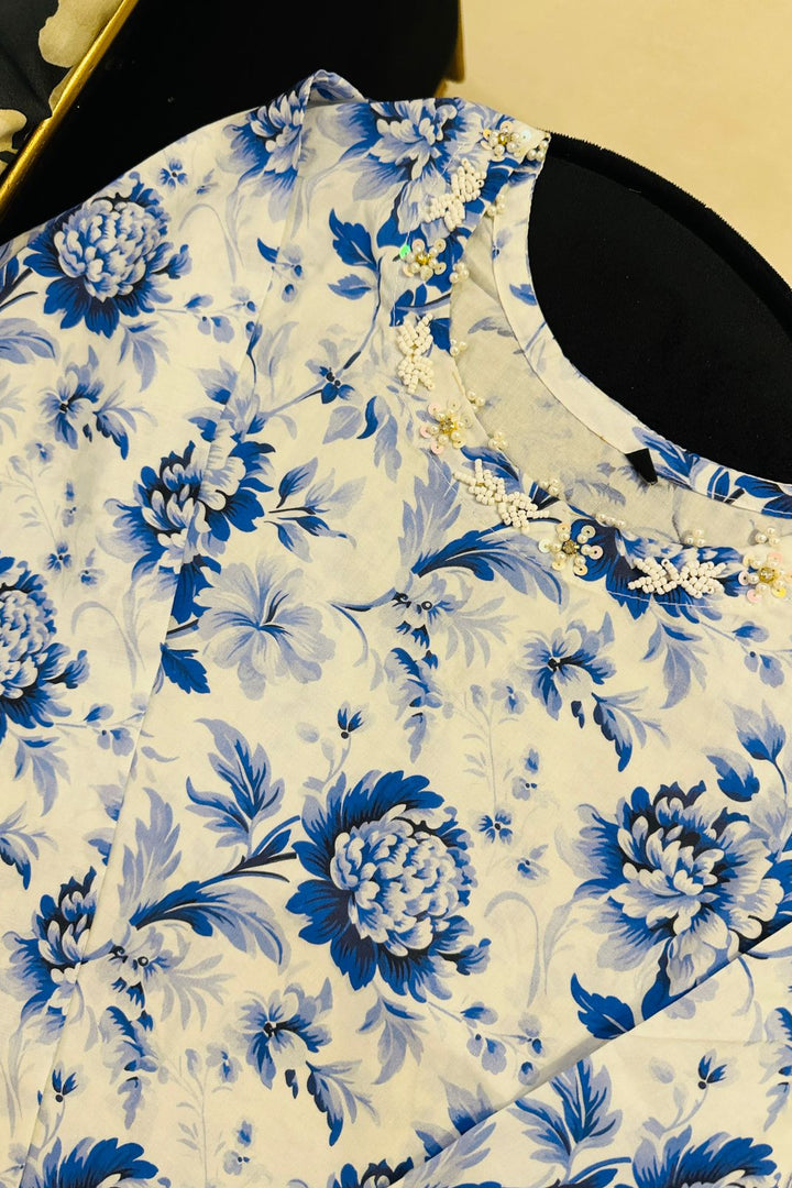 Blue Blossom Lawn 2-Piece Suit | Handmade Neck Detailing