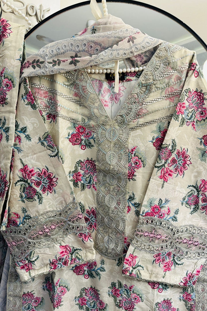 Ivory Bloom Embroidered Lawn 3-Piece Suit – Summer Collection