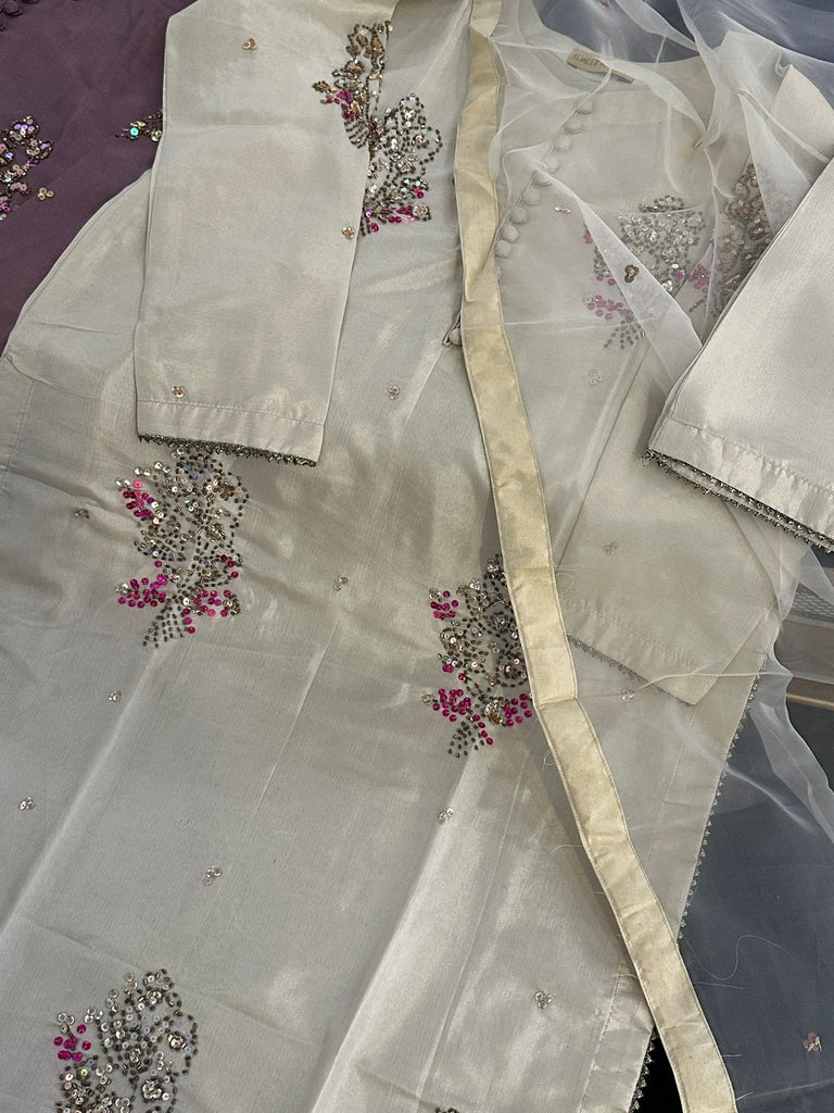 Offwhite cream Embroidered 3-Piece Set (Raw Silk)