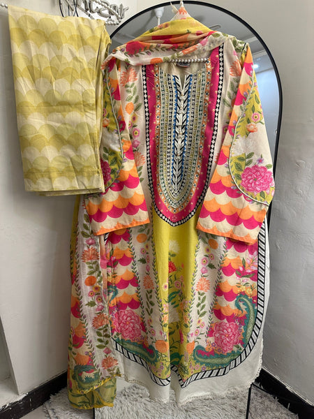 Vibrant Floral Printed 3-Piece Pure Lawn Suit with Gota Neck & Handmade Buttons