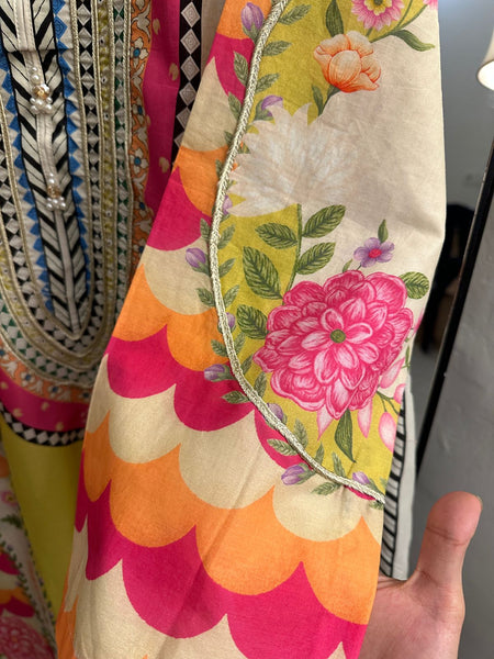 Vibrant Floral Printed 3-Piece Pure Lawn Suit with Gota Neck & Handmade Buttons