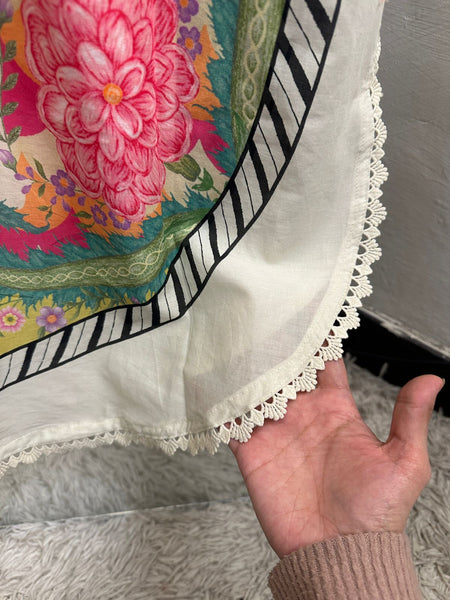 Vibrant Floral Printed 3-Piece Pure Lawn Suit with Gota Neck & Handmade Buttons