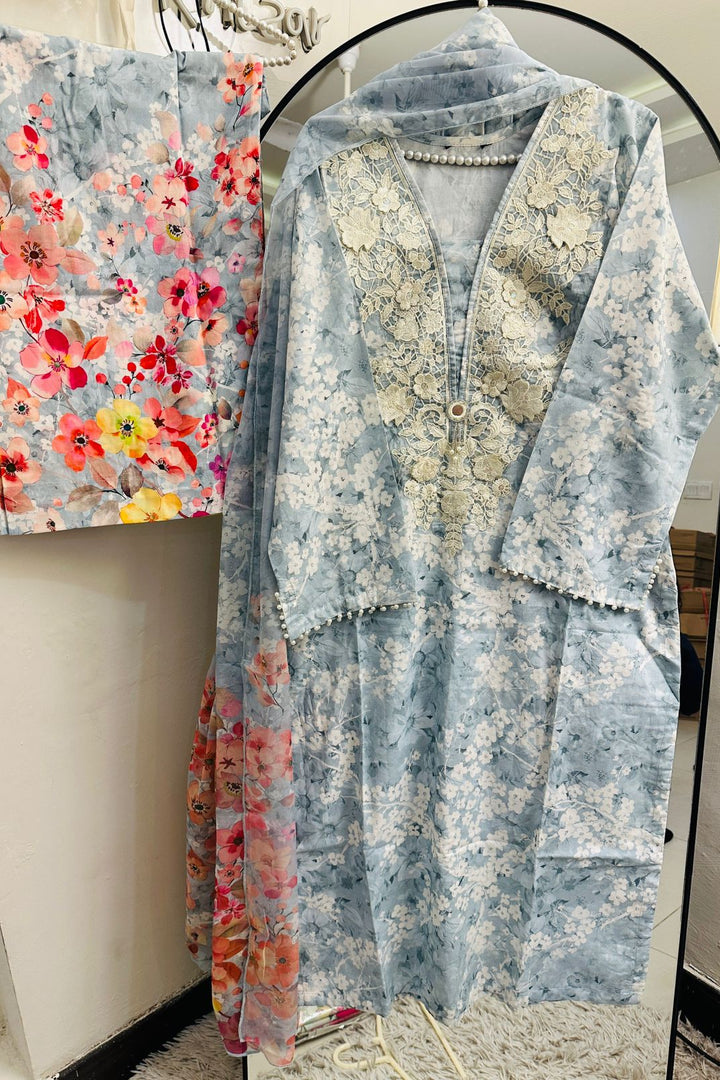Sky Blue Floral Lawn 3-Piece Set with Lace Embroidered Neck & Pearl Sleeve Detail