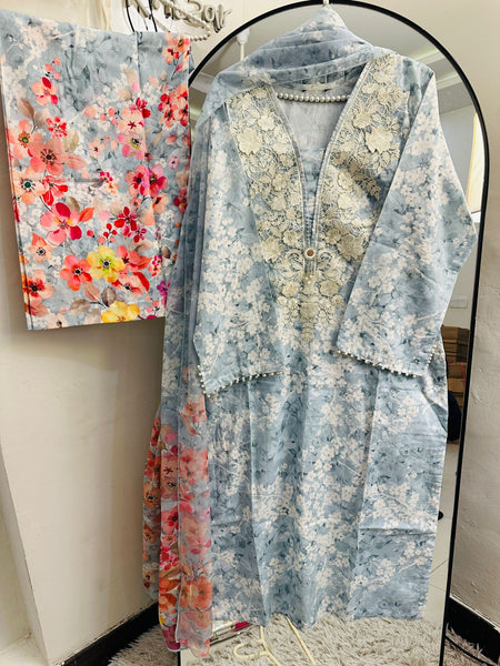 Sky Blue Floral Lawn 3-Piece Set with Lace Embroidered Neck & Pearl Sleeve Detail
