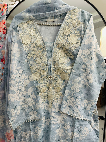 Sky Blue Floral Lawn 3-Piece Set with Lace Embroidered Neck & Pearl Sleeve Detail