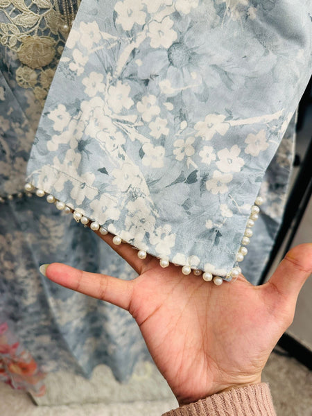 Sky Blue Floral Lawn 3-Piece Set with Lace Embroidered Neck & Pearl Sleeve Detail