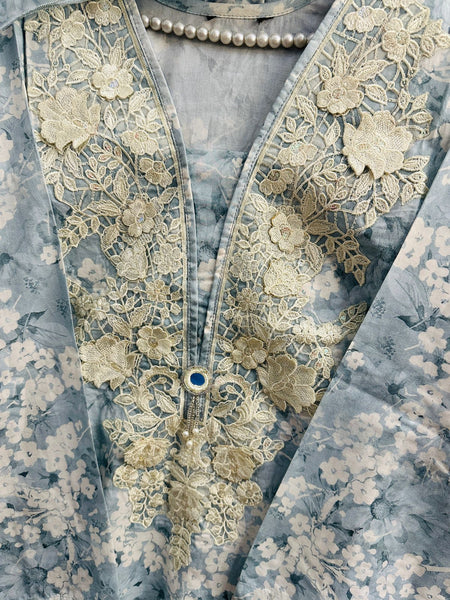 Sky Blue Floral Lawn 3-Piece Set with Lace Embroidered Neck & Pearl Sleeve Detail