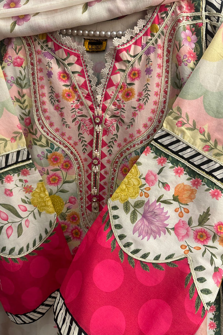 Floral Printed 3-Piece Pure Lawn Suit with Gota Neck & Handmade Buttons