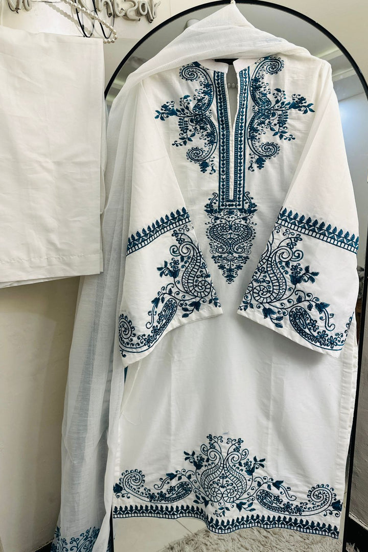 Royal Blue Embroidery on White Premium Cotton 3-Piece Outfit