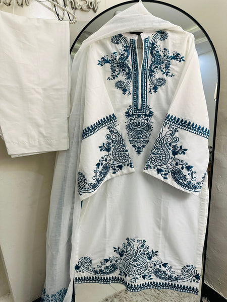 Royal Blue Embroidery on White Premium Cotton 3-Piece Outfit