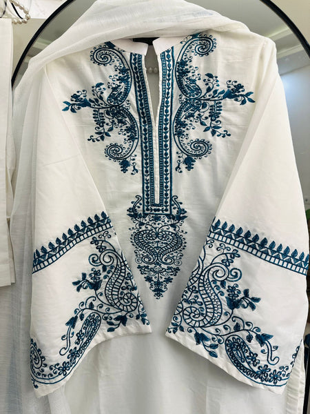 Royal Blue Embroidery on White Premium Cotton 3-Piece Outfit