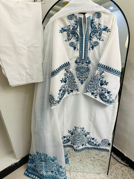 Royal Blue Embroidery on White Premium Cotton 3-Piece Outfit