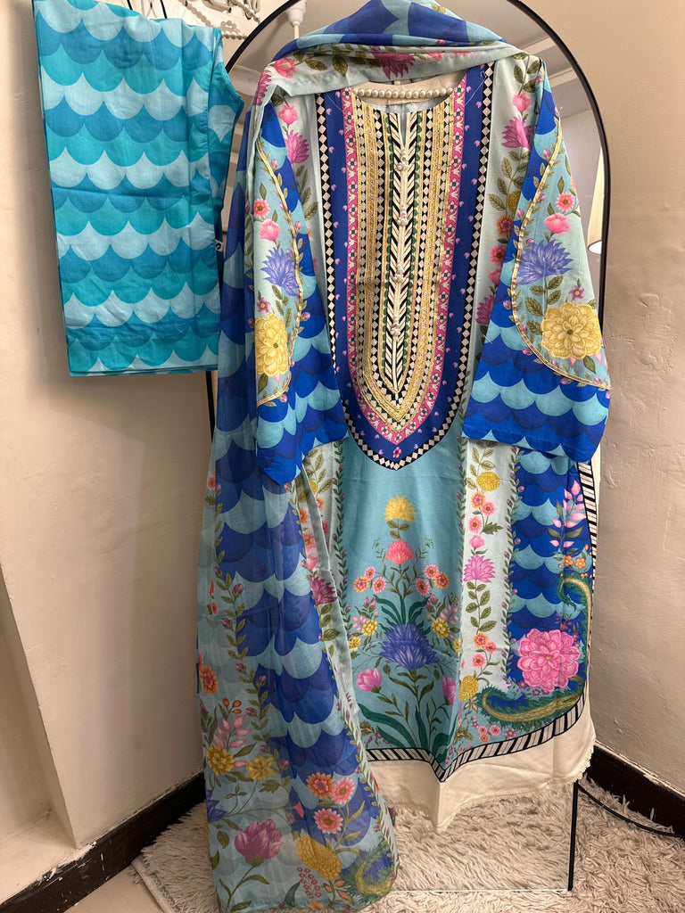 Vibrant Floral Printed 3-Piece Pure Lawn Suit with Gota Neck & Handmade Buttons