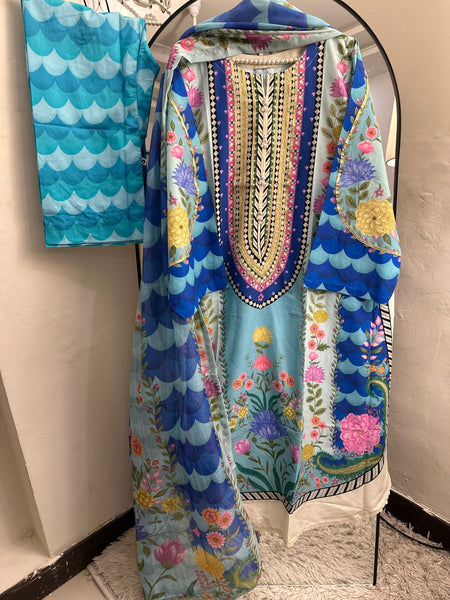 Vibrant Floral Printed 3-Piece Pure Lawn Suit with Gota Neck & Handmade Buttons