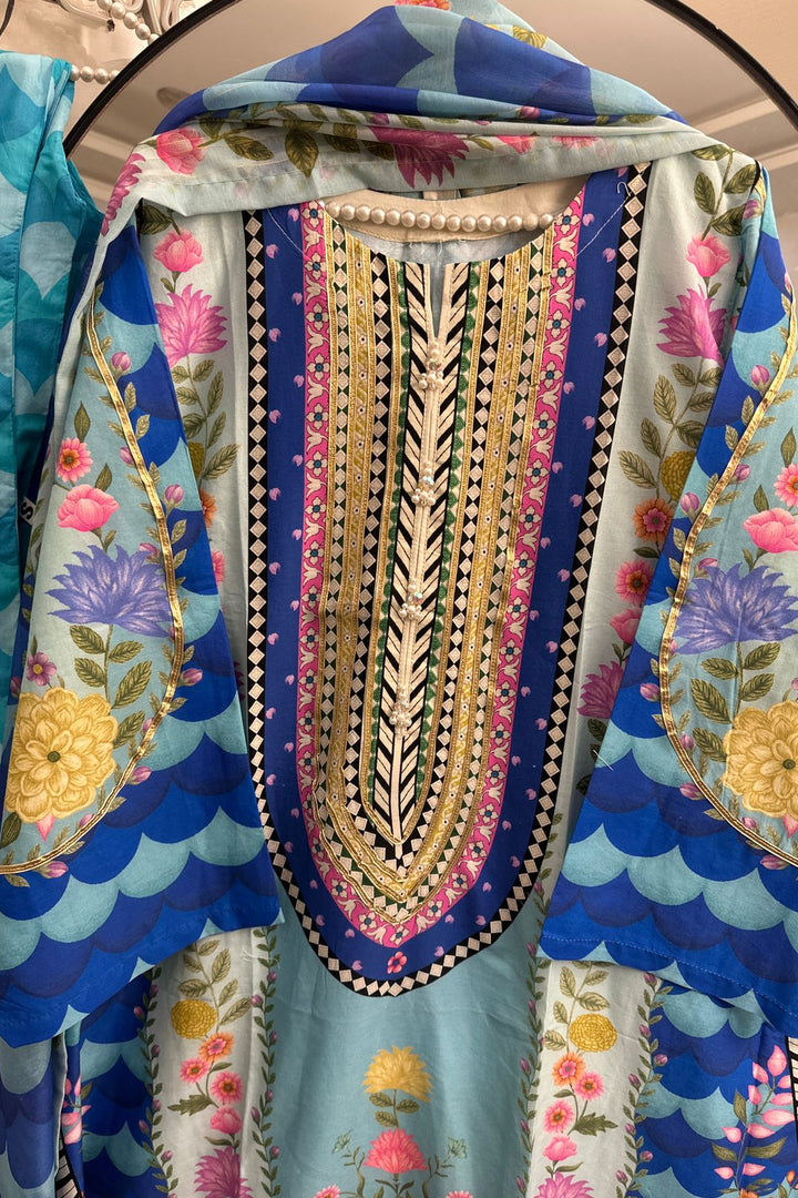 Vibrant Floral Printed 3-Piece Pure Lawn Suit with Gota Neck & Handmade Buttons