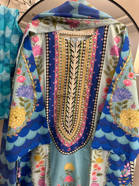 Vibrant Floral Printed 3-Piece Pure Lawn Suit with Gota Neck & Handmade Buttons