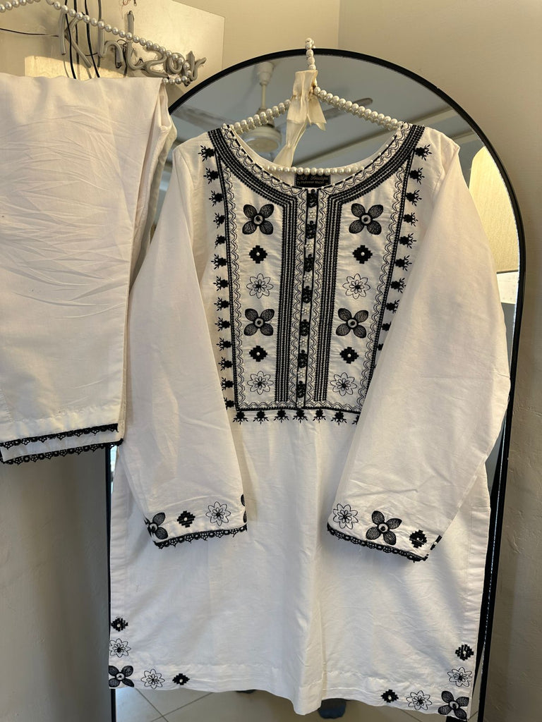 Ethnic Black & White Pearl Handmade Embroidered 2-Piece Lawn Suit