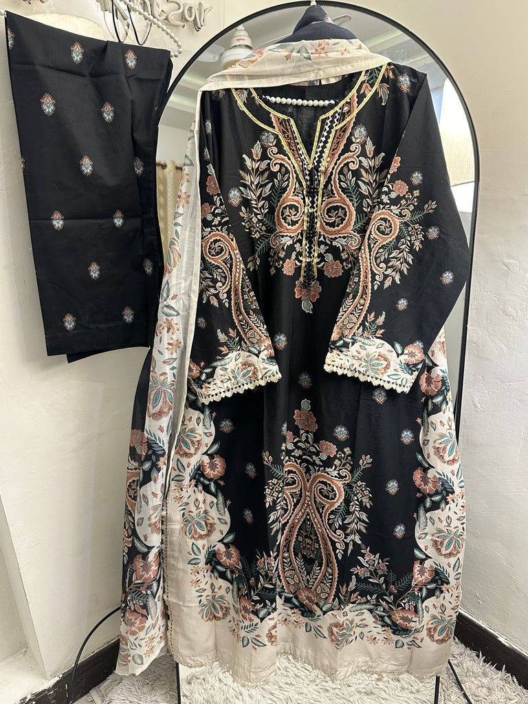 Black Ethnic Charm – Designer 3-Piece Lawn Suit with Contrast Dupatta