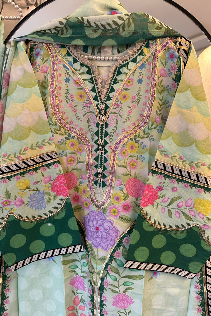 Floral green Printed 3-Piece Pure Lawn Suit with Gota Neck & Handmade Buttons